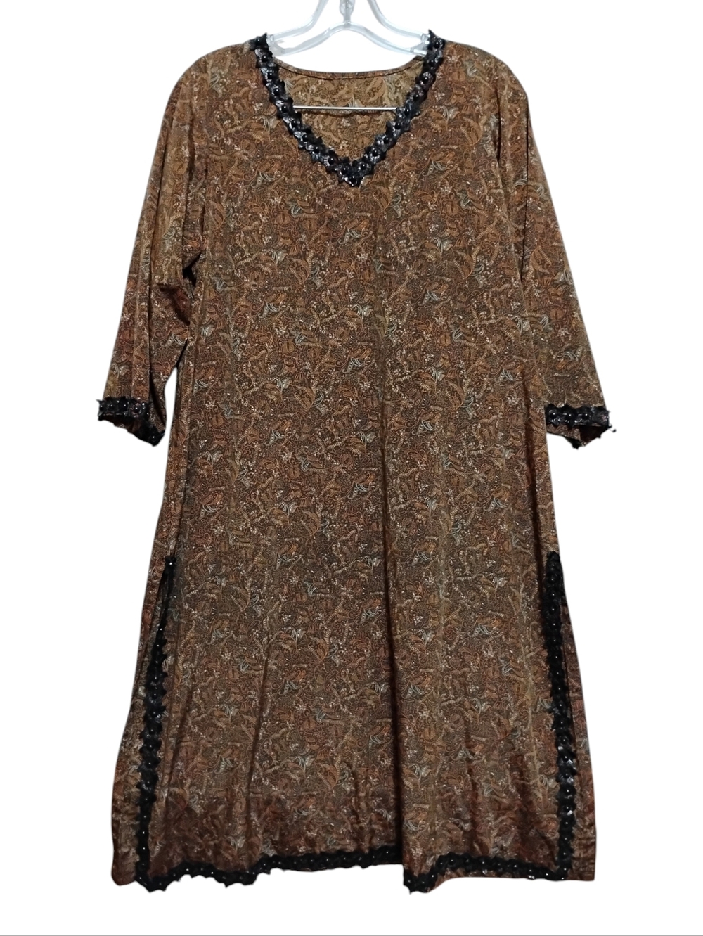 Embellished V-Neck Paisley Midi Dress in Brown  Black No Tag For Fabric Silky